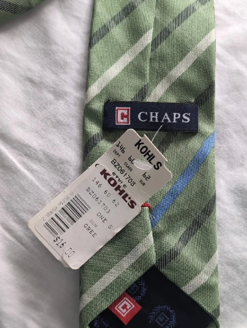 Chaps Green Striped Kids Tie with Blue and Gray Accents